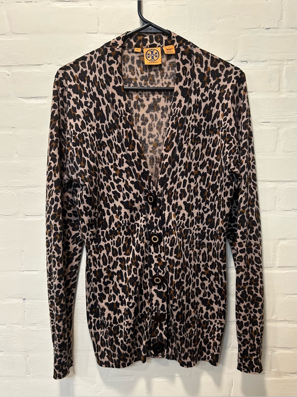 Tory Burch Laine Leopard Print 100% Wool Cardigan Sweater M
